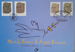 Belgique ( Nrs 2838 - 39 ) Et La Suède ( Nrs 2123 - 24 ) / Carte Souvenir => Prix Nobel H. La Fontaine  &  A. Beernaert - Covers & Documents