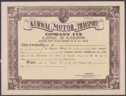 Inde British India Unused Share Certificate Kurwai Motor Transport Company, Kurwai State - 1911-35 Koning George V
