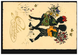 Scherenschnitt-AK Namenstag Mädchen Und Junge Mit Blumen, MÜNCHEN 2 - 18.3.19130 - Silhouette - Scissor-type