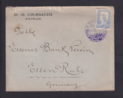 1901 - 25 L. Auf Brief Aus Patras Nach Essen - Violetter Schiffspost-Aufgabestempel Von Italien - Covers & Documents