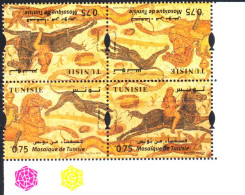 2024-Tunisie- Mosaïque -Scène De Chasse -Cavaliers -Chien -Lapin- Bloc 4V/ 2 Paires Se Tenant En Tête Bêche /MNH***** - Hasen