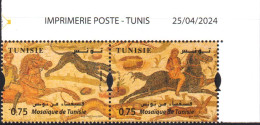 2024-Tunisie- Mosaïque -Scène De Chasse -Cavaliers -Chien -Lapin- Paire Coin Daté + Bloc Perforé  /MNH***** - Hasen