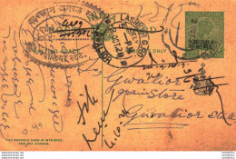 India Postal Patiala Stationery George V 1/2 A Lashkar GPO Gwalior Cds Calcutta - Patiala