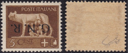 1944 Repubblica Sociale Italiana, N. 470a 5c. Bruno Sovrastampa Capovolta Siglato Biondi - Other & Unclassified