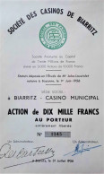 Société Des Casinos De Biarritz - Action De 10,000 Francs  - 1956 - Casino