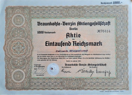 Braunkohle-Benzin A.G. Berlin - 1936 - Aktie üer 1000 RM - Sonstige & Ohne Zuordnung