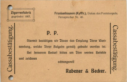 Frankenhausen Zigarrenfabrik Rabener U. Becker , Cassabestätigung - Kyffhaeuser
