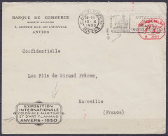 Env. "Banque De Commerce - Exposition Internationale Coloniale, Maritime Et D'Art Flamand - Anvers 1930" Affr. 1f75 Timb - Covers & Documents