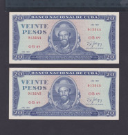 CUBA 20 PESOS 1987 EBC+/AU PAREJA CORRELATIVA (Año Muy Dificil De Encontrar EN ESTAS CONDICIONES) - Cuba