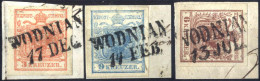 Piece "WODNIAN", 3 Briefstücke Mit 3 Kr. Rot Type III + 6 Kr. Braun Type III + 9 Kr. Blau Type II, Je 30 Müllerpunkte, M - Other & Unclassified