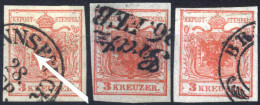 O 1850, 3 Kreuzer Type I In Handpapier Mit Plattenfehler Links Fleck Im Schwert In Drei Stadien, Gestempelt, ANK 3 I / H - Other & Unclassified