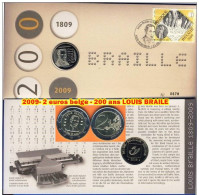 2009- 1 NUMISLETTER-LOUIS BRAILLE +AFFRANCHISSEMENT EN BRAILLE SUR LE TIMBRE   2000exemplaires + 1 PIECE DE 2.00 € - Numisletters