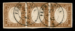 Antichi Stati Italiani - Sardegna - 1863 - 10 Cent Bistro Scuro (13Eb) - Striscia Orizzontale Di 3 Usata A Ferrandina (P - Altri & Non Classificati