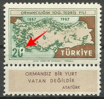 Turkey; 1957 Centenary Of The Instruction Of Forestry In Turkey ERROR "Printing Stain" - Neufs