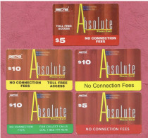 USA- S278- Absolute Phone Cards- International Prepaid Phone Cards Used By 5 & 10 Dollars- Lot Of Five Cards- - Autres & Non Classés