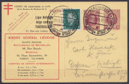 EP CP 15c + 15c Lilas Houyoux "Ligue Nationale Belge Contre La Tuberculose" Utilisée Comme Support (RR!) Affr. 8pf Càpt  - Postcards 1909-1934