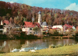 73266079 Wolfratshausen Partie An Der Loisach Schwaene Blick Zur Kirche Wolfrats - Wolfratshausen