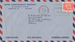 COVER ASTRA MERCHANDISE AIR MAIL TORONTO 2/10/1952 FROM FRANCE PARIS - Lettres & Documents