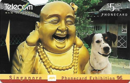 New Zealand: Telecom - 1996 Phonecard Exhibition Singapore 96, Spot Laughs With Golden Buddha - Neuseeland