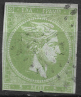 GREECE 1872-76 Large Hermes Head Meshed Paper Issue 5 L Yellow Green Vl. 53 A / H 39 B - Gebruikt