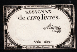 05970 / ⭐ ♥️ (•◡•) Etat SPL Assignat Signé ARIQUEY 5 CINQ LIVRES  Créé Le 10 Brumaire AN 2 Série 15739 - Assignate