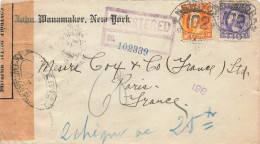 LETTRE. USA. 11 1 18. MANAMAKER NEW YORK. RECOMMANDE POUR PARIS. BANDE CENSURE - Storia Postale