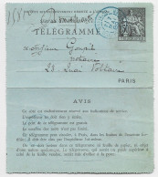 FRANCE ENTIER 50C TELEGRAPHE CARTE LETTRE TELEGRAMME CACHET BLEU PARIS 10 7 MAI 1889 T - Pneumatische Post