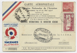 ROMANIA CARTE AEROPOSTALE JOURNEE AVIAION BUCURESTI PAR AVION 1931 TO FRANCE PA 1FR50+90C + VIGNETTE - Briefe U. Dokumente