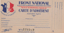 FRONT NATIONAL - 19, Rue SAINT GEORGES - PARIS - CARTE D' ADHERANT  ANCIENNE  - 1945 - Format (8x14 Cm) - TRES BON ETAT - Parteien & Wahlen