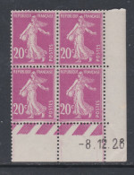 France N° 190 XX  Semeuse : 20 C. Lilas-rose  En Bloc De 4 Coin Daté Du 8 .12 . 26  Ss Point Blanc, Sans Charnière, TB - ....-1929