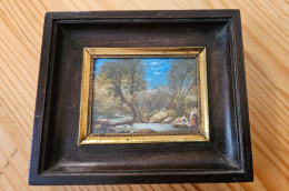 Peinture à L'huile Scène Bord De L'eau Garçon Et Femmes Colombe Signé BOUCHER ? Taille Cadre 13,5x11,5 Cm. - Huiles