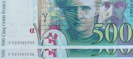 Suite De 2 Billets 500 Francs PIERRE Et MARIE CURIE 1994 - Numéros Consécutifs P024309535 Et 36 - 500 F 1994-2000 ''Pierre En Marie Curie''