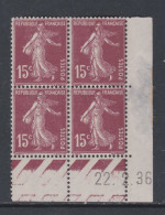 France N° 189 XX Type Semeuse : 15 C. Brun-lilas En Bloc De 4 Coin Daté Du 22 . 2 . 36 ; Charn. Sur Bord De Feuille, TB - ....-1929