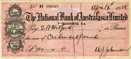 Vintage National Bank Of Australasia Cheque AU£100 6 April 1938 Naracoorte South Australia - Sonstige & Ohne Zuordnung