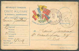 Carte Aux Drapeaux ARMEE FRANCAISE Obl. Sc POSTES MILITAIRES BELGIQUE 8 Bis Du 20-III-1915 Vers 6) D.A. Via P.M.B. 4 - 2 - Armée Belge