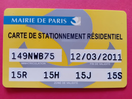 CARTE STATIONNEMENT RESIDENTIEL PARIS  (BB0615 - PIAF Parking Cards
