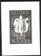 Exlibris Wibke Bogner, Feder, Lyra, Menschen Gesicht  - Ex-libris