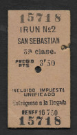 Espagne Ticket Chemin De Fer Train Ligne Irun San Sebastian RENFE España Spain - Europe