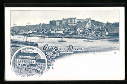 Lithographie Pirna, Ortsansicht Mit Café Scholze  - Pirna