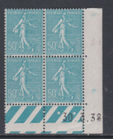 France N° 362 XX Type Semeuse Lignée 50 C. Turquoise En Bloc De 4 Coin Daté Du 30 .3 . 38  ; 3 Pts Blancs, Ss  Char.,TB - 1930-1939