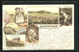 Lithographie Guebwiller, Vue Générale, Klosterkirche, Belchen Avec Hotel, Femme En Costume Typique  - Guebwiller