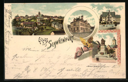Lithographie Schweinfurt, Rückertdenkmal, Postamt, Rathaus, Gesamtansicht  - Schweinfurt