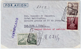 ESPAGNE / ESPAÑA - 1952 Ed.1094 90c Isabel La Católica (+ Ed.945, 1057) Sobre Carta Certificado Por Avion A Nueva York - Brieven En Documenten