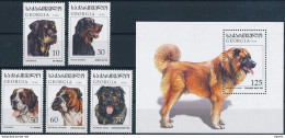 Mi 234-38 + Block 10 MNH ** / Dogs, Rottweiler, Gordon Setter, Bernard, Bulldog, Caucasian Shepherd - Géorgie