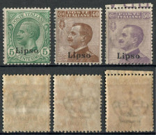 REGNO COLONIE EGEO LIPSO 1916 TRE FRANCOBOLLI C. 5 / C. 40 / C. 50 SOPRASTAMPATI 'LIPSO' NUOVI MNH ** SASSONE 2-6/7 - Ägäis (Lipso)