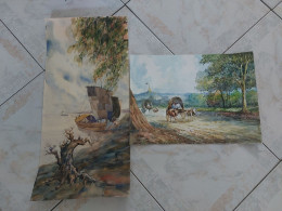 2 Aquarelles De Paysages Birmans (signature A Dechiffrer) - Aquarelles