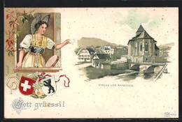 Lithographie Appenzell, Blick Zur Kirche, Frau In Tracht Am Fenster, Wappen  - Appenzell