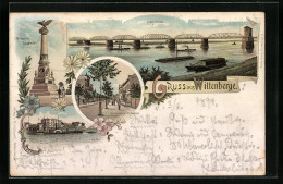 Lithographie Wittenberge, Elbbrücke, Hafen, Sieges-Denkmal  - Wittenberge