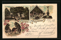 Lithographie Pinneberg, Ortsansicht Mit Krieger-Denkmal Und Gasthof  - Pinneberg