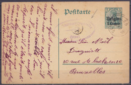 EP CP Postkarte 5c Vert (tpe OC2) De Villers-deux-Eglises Càd SENZEILLES /8 III 1916 Pour BRUXELLES - Cachet Censure "Üb - Duitse Bezetting